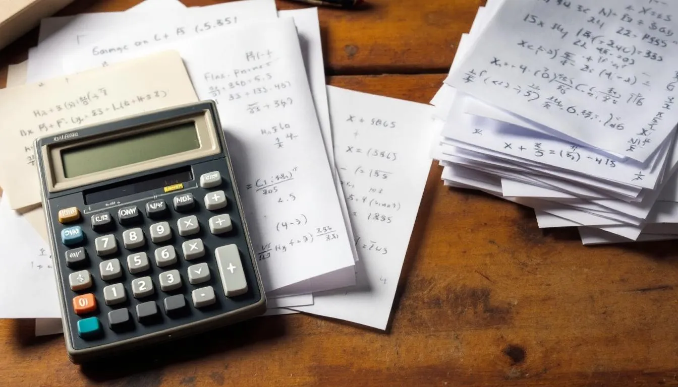 . The image shows a calculator placed on top of several documents filled with calculations, likely related to the financial aspects of tree removal or landscaping projects.